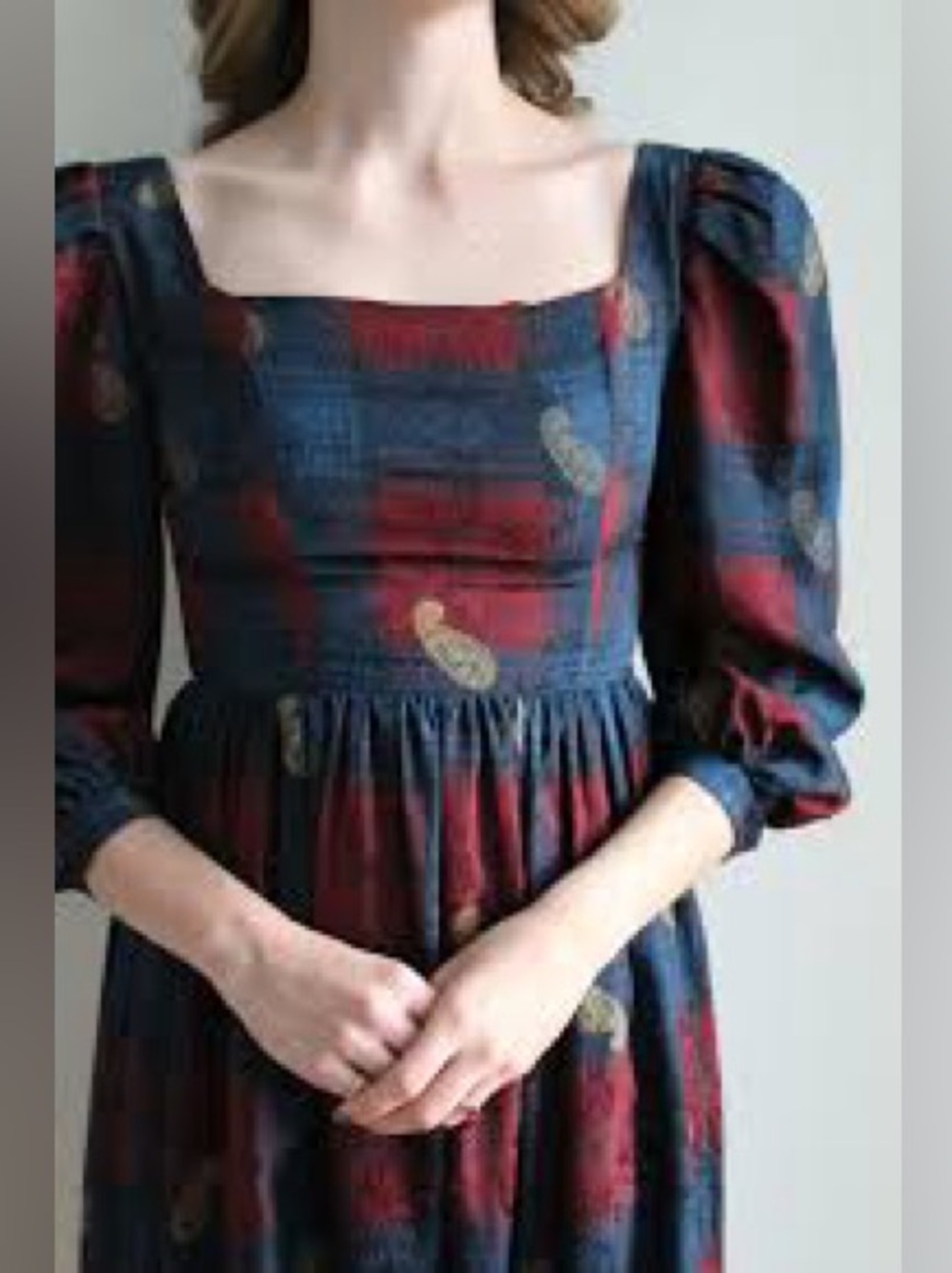 Vintage 80s Umi Collections Navy Maroon Paisley Square Neck Puffy Sleeve Dress